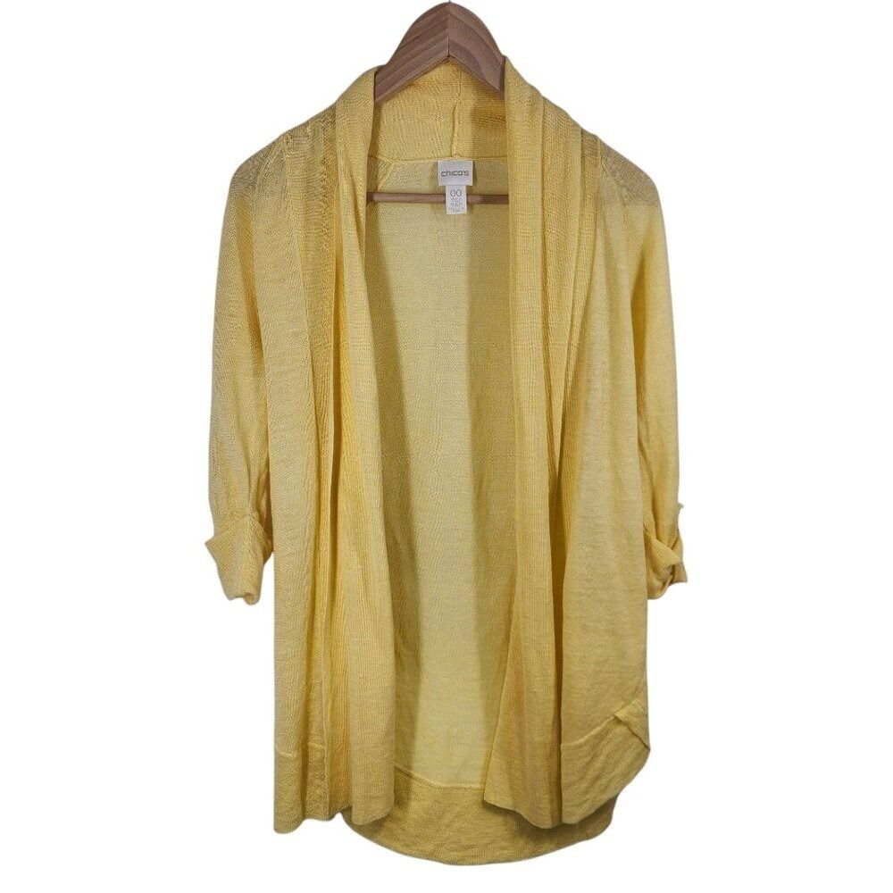 Chico's Cardigan Women 00 Yellow Open Front Lightweight Knit 3/4 Sleeve